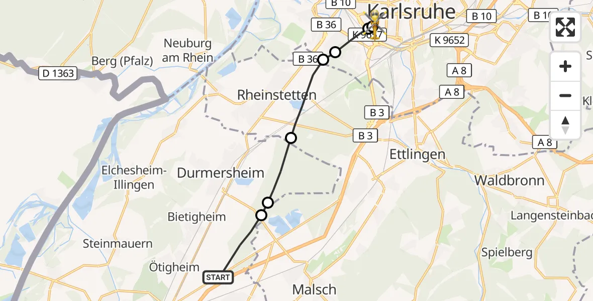 Flugroute Rettungshubschrauber Bietigheim - Sankt Vincentius Hospital, 26 Mai 2026, 15:06
