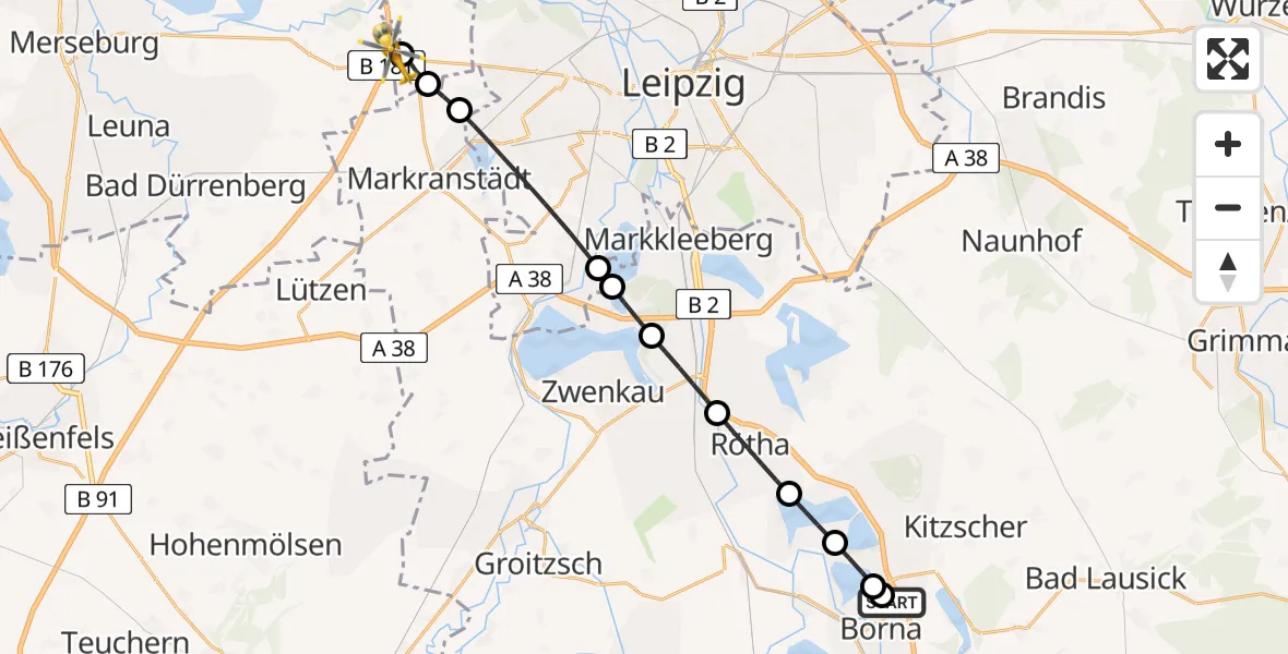 Flugroute Rettungshubschrauber Sana Hospital Borna - ADAC Air Rescue Station Leipzig/Schkeuditz-Dölzig Hubschrauberlandeplatz (Christoph 61), 26 Mai 2026, 15:06