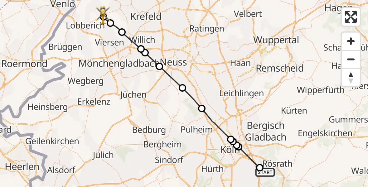 Flugroute Rettungshubschrauber Köln Bonn Flughafen - Grefrath-Niershorst Flugplatz, 26 Mai 2026, 15:28
