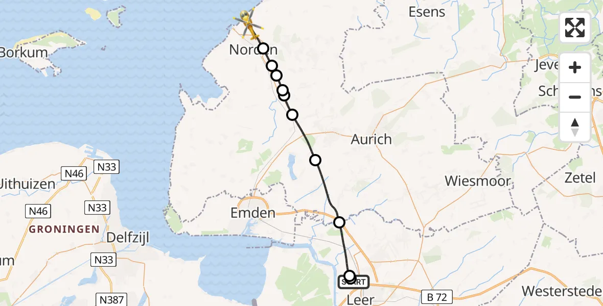 Flugroute Ambulanzhubschrauber Flugplatz Leer-Papenburg - Norden, 26 Mai 2026, 15:31