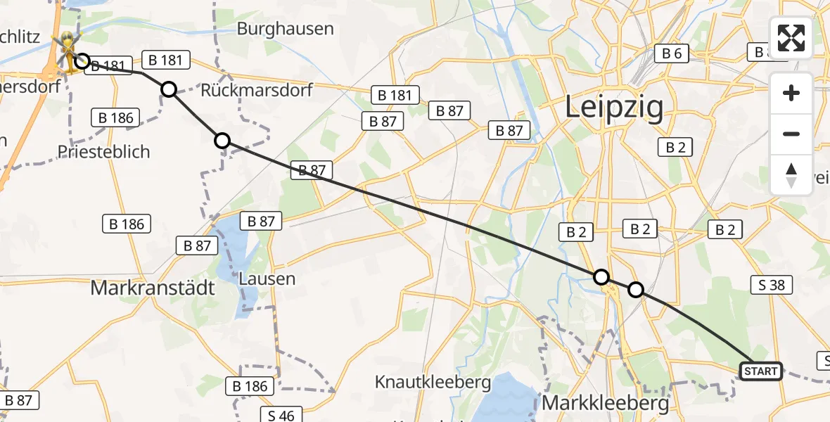 Flugroute Rettungshubschrauber Leipzig - ADAC Air Rescue Station Leipzig/Schkeuditz-Dölzig Hubschrauberlandeplatz (Christoph 61), 26 Mai 2026, 15:32