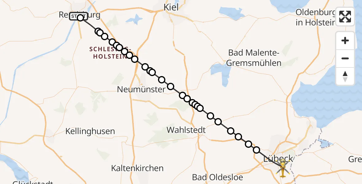 Flugroute Rettungshubschrauber Rendsburg - Lübeck, 26 Mai 2026, 15:34