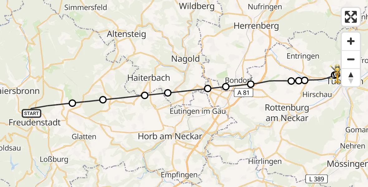 Flugroute Rettungshubschrauber Freudenstadt - Tübingen University Hospital, 26 Mai 2026, 15:42