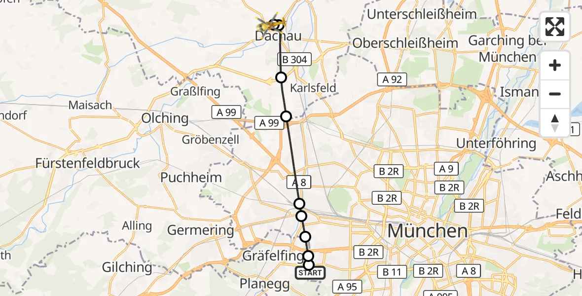 Flugroute Rettungshubschrauber DRF Air Rescue München Hubschrauberlandeplatz - Helios Clinic Dachau, 26 Mai 2026, 15:46