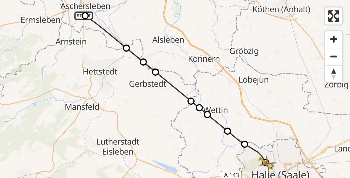Flugroute Rettungshubschrauber AMEOS Hospital Aschersleben - Halle (Saale) University Hospital, 26 Mai 2026, 15:56