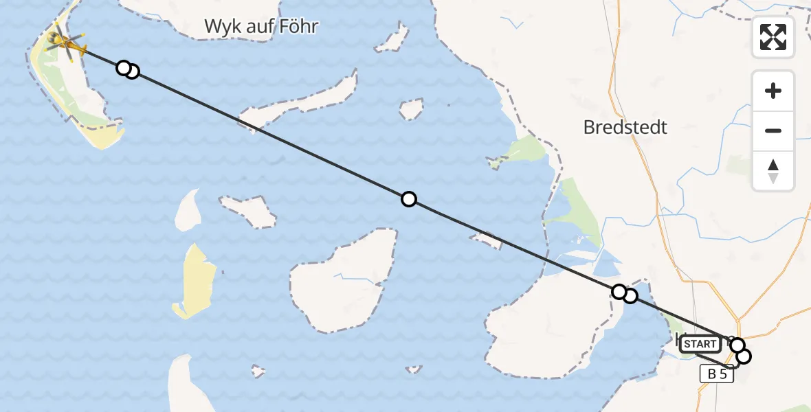 Flugroute Ambulanzhubschrauber Husum - Norddorf auf Amrum, 26 Mai 2026, 15:58