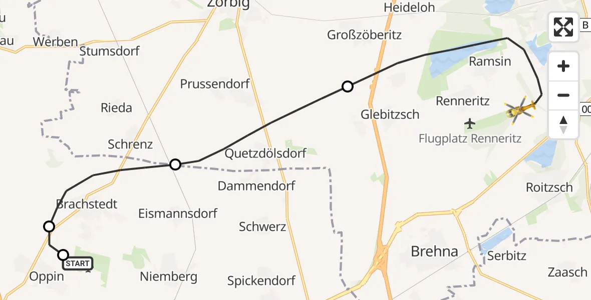 Flugroute Ambulanzhubschrauber Halle-Oppin Flugplatz - Sandersdorf-Brehna, 26 Mai 2026, 16:01