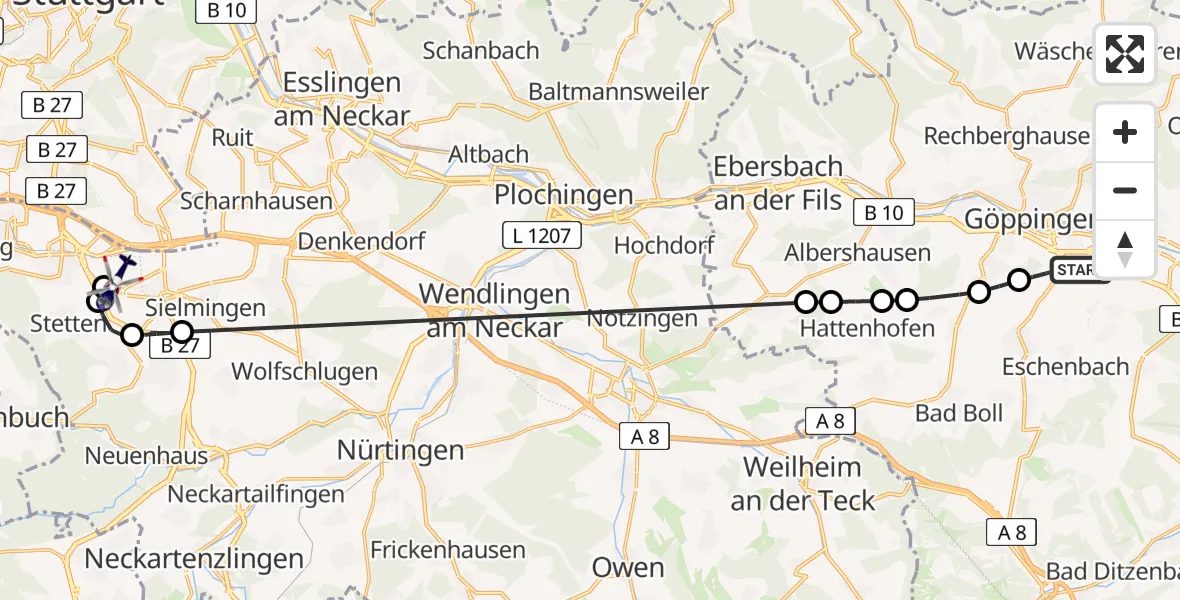 Flugroute Polizeihubschrauber Göppingen - Flughafen Stuttgart, 26 Mai 2026, 16:03