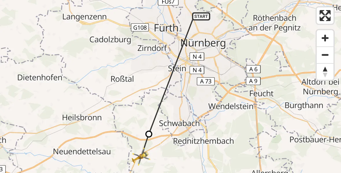 Flugroute Ambulanzhubschrauber Flughafen Nuremberg - Kammerstein, 26 Mai 2026, 16:07