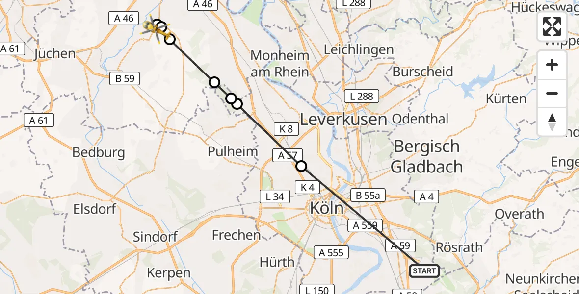 Flugroute Rettungshubschrauber Köln Bonn Flughafen - Grevenbroich, 26 Mai 2026, 16:08