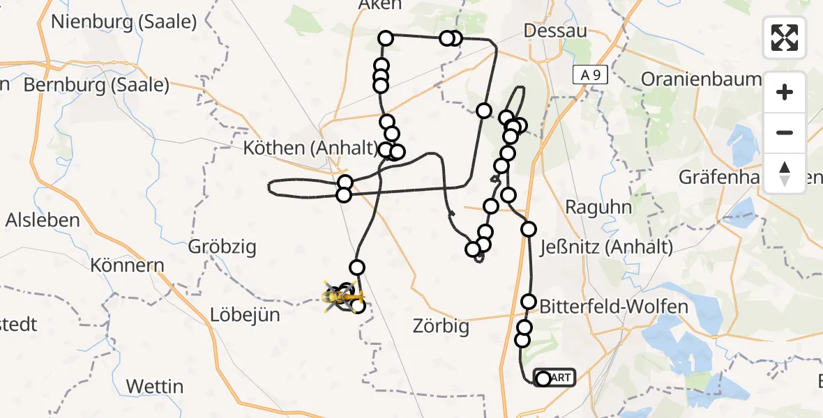 Flugroute Ambulanzhubschrauber Renneritz Flugplatz - Zörbig, 26 Mai 2026, 16:17