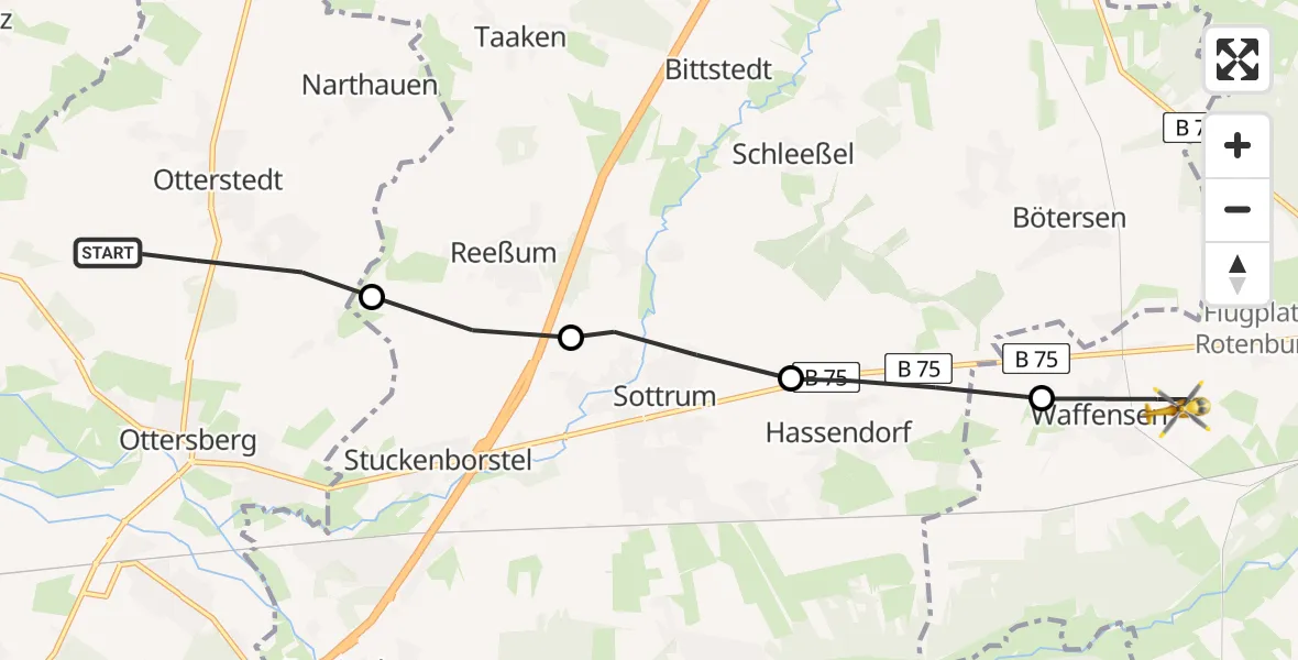 Flugroute Rettungshubschrauber Ottersberg - Rotenburg (Wümme), 26 Mai 2026, 16:22