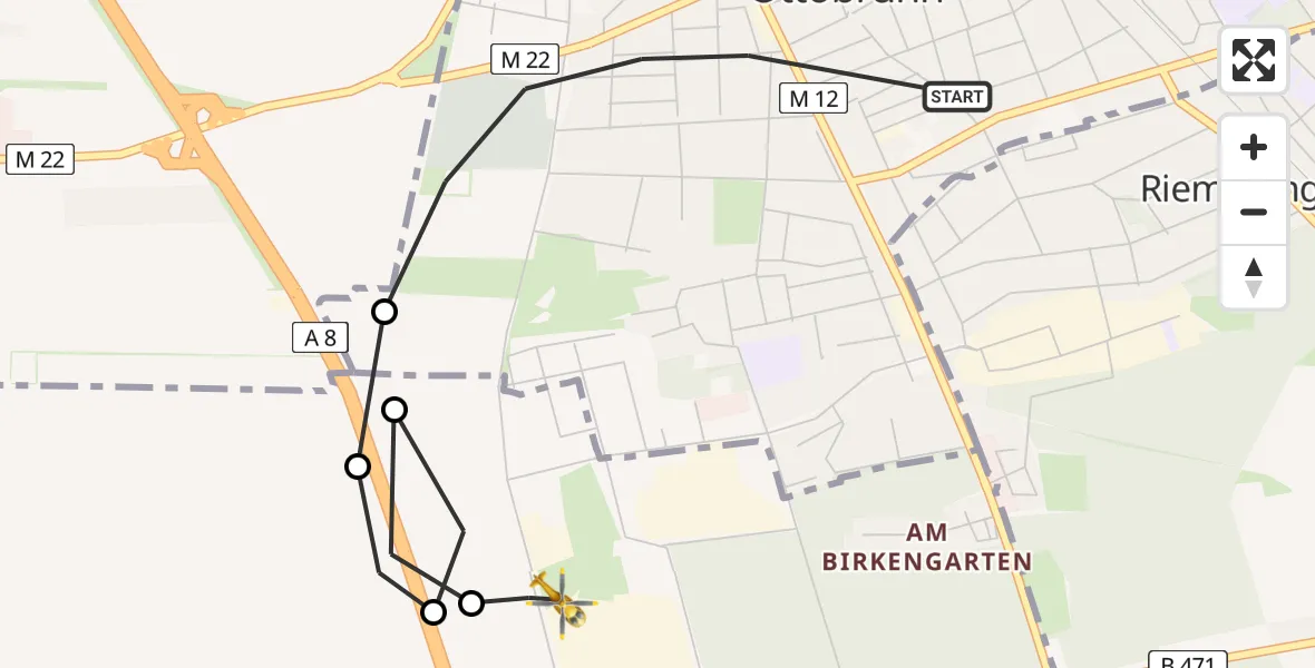 Flugroute Rettungshubschrauber Ottobrunn - Ottobrunn Hubschrauberlandeplatz, 26 Mai 2026, 16:23