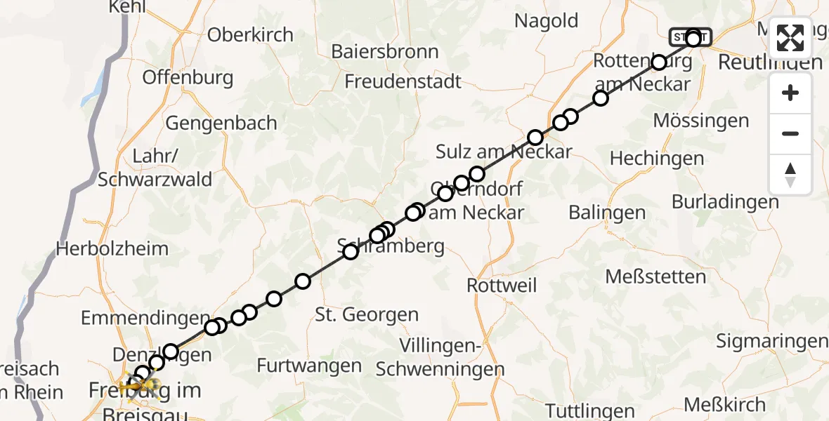 Flugroute Rettungshubschrauber Tübingen University Hospital - Freiburg im Breisgau Flugplatz, 26 Mai 2026, 16:24