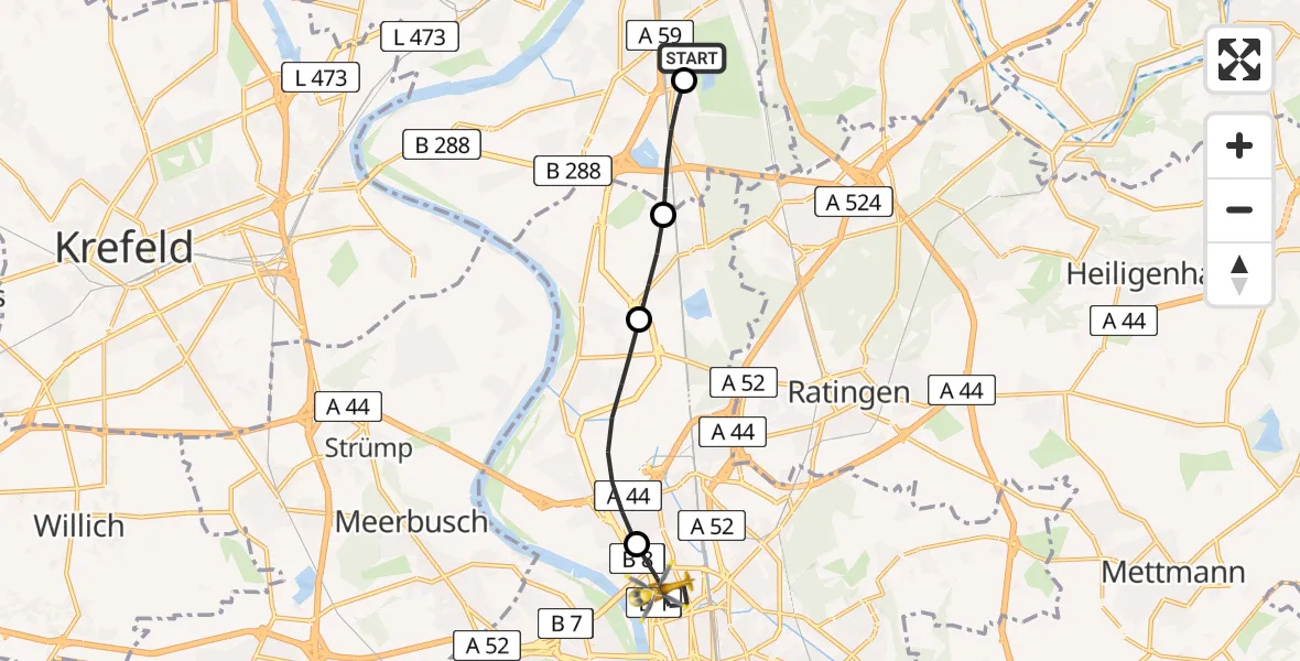 Flugroute Rettungshubschrauber Duisburg Air Rescue Hubschrauberlandeplatz (Christoph 9) - Düsseldorf, 26 Mai 2026, 16:24