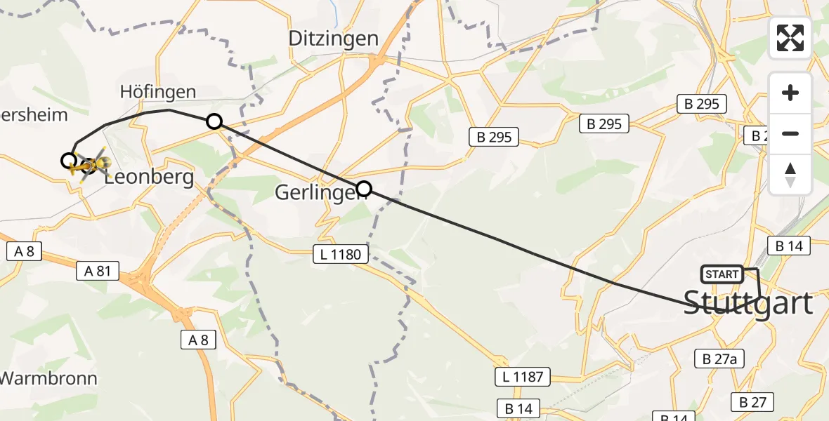 Flugroute Ambulanzhubschrauber Stuttgart - Leonberg Hospital, 26 Mai 2026, 16:25