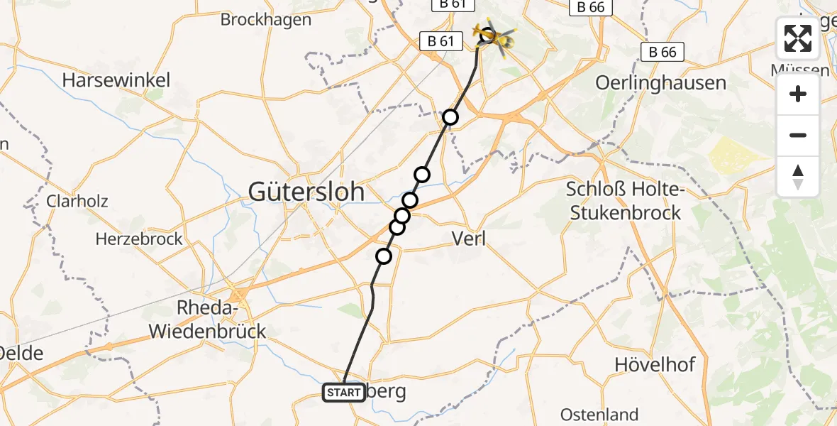 Flugroute Rettungshubschrauber Rietberg - Luftrettungszentrum Bielefeld, 26 Mai 2026, 16:25