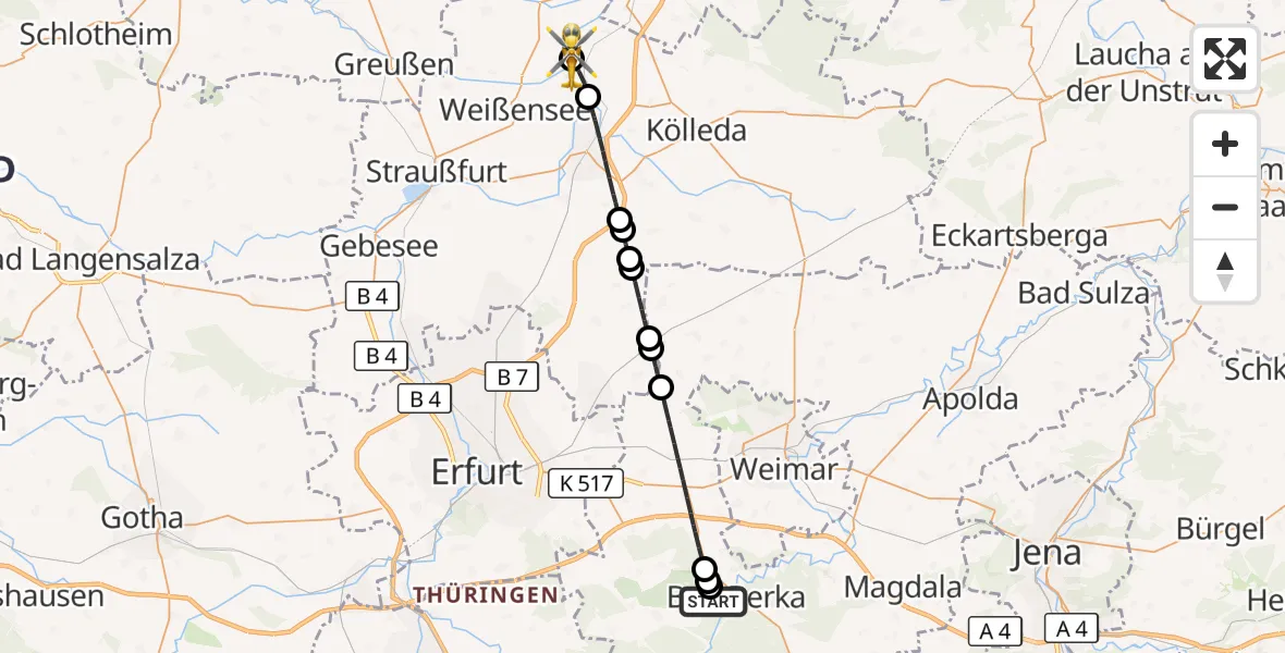Flugroute Ambulanzhubschrauber Bad Berka - Kindelbrück, 26 Mai 2026, 16:25
