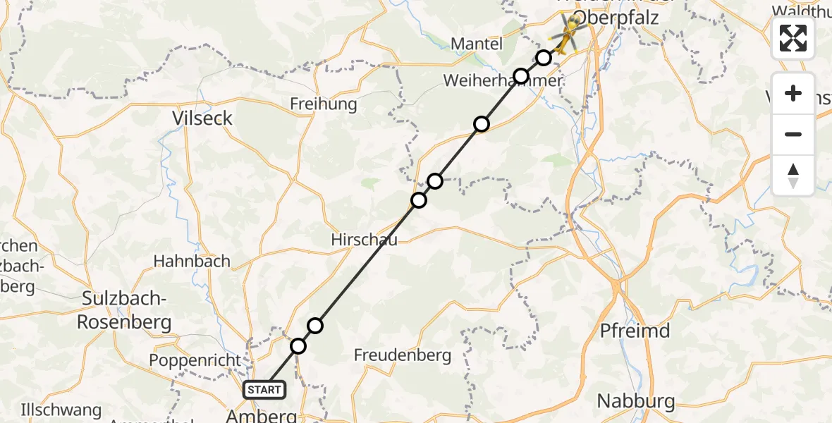 Flugroute Rettungshubschrauber Amberg - Weiden i.d.OPf., 26 Mai 2026, 16:29