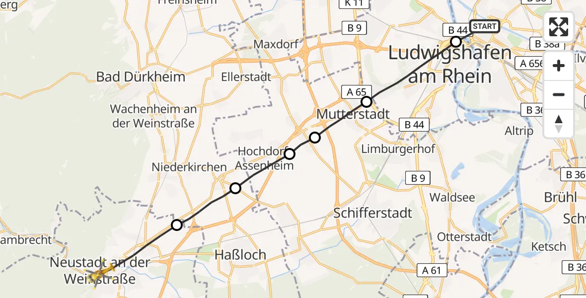 Flugroute Rettungshubschrauber Mannheim - Neustadt an der Weinstraße, 26 Mai 2026, 16:29