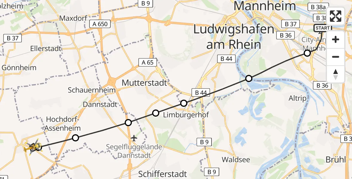 Flugroute Rettungshubschrauber Mannheim-City Flughafen - Meckenheim, 26 Mai 2026, 16:42