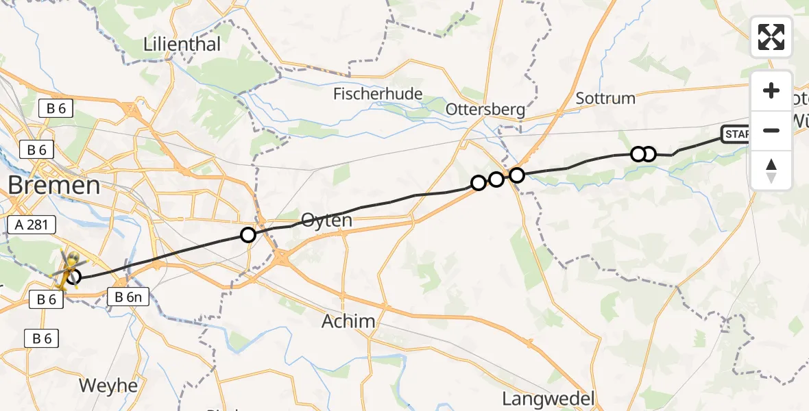 Flugroute Rettungshubschrauber Rotenburg (Wümme) - ADAC Air Rescue Station Bremen Hubschrauberlandeplatz (Christoph 6), 26 Mai 2026, 16:42