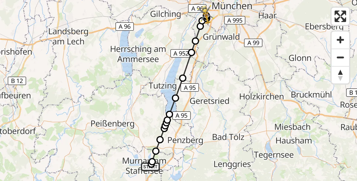 Flugroute Rettungshubschrauber Riegsee - DRF Air Rescue München Hubschrauberlandeplatz, 26 Mai 2026, 16:52