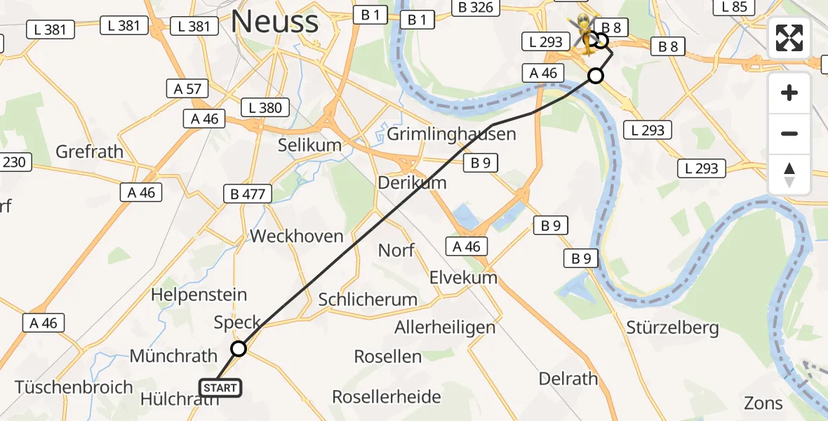 Flugroute Rettungshubschrauber Grevenbroich - Düsseldorf University Hospital, 26 Mai 2026, 16:54