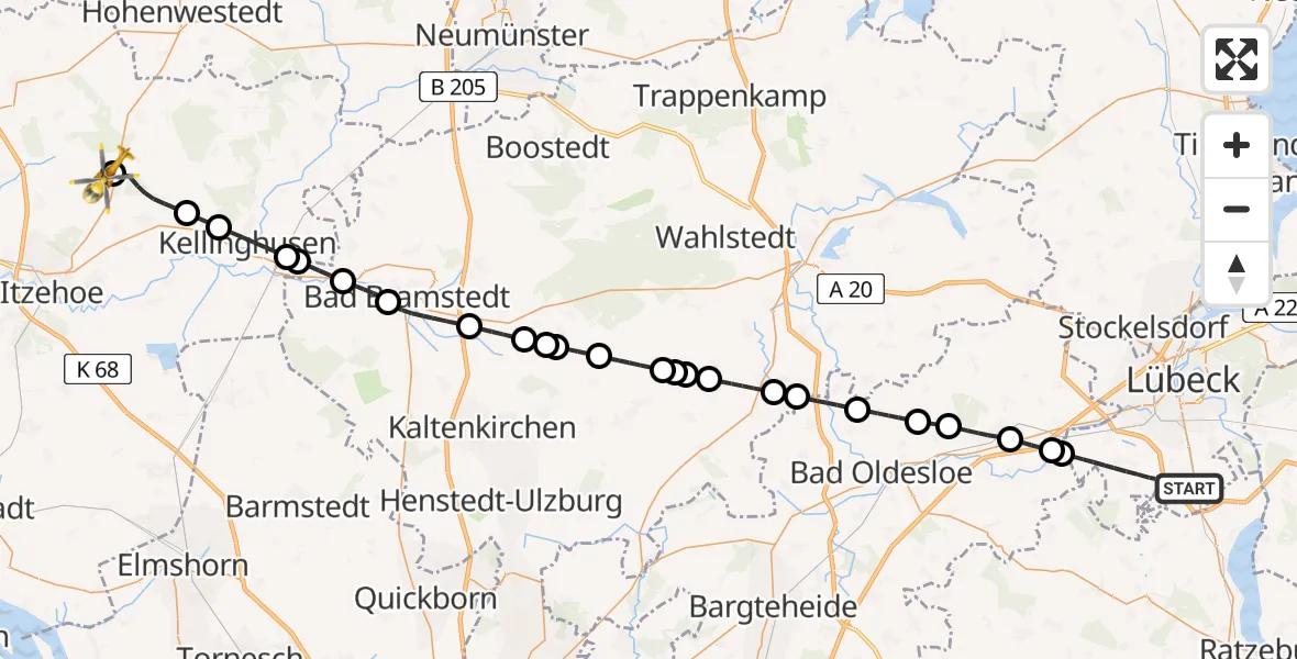 Flugroute Rettungshubschrauber Lübeck - Itzehoe Hungriger Wolf Flugplatz, 26 Mai 2026, 16:57