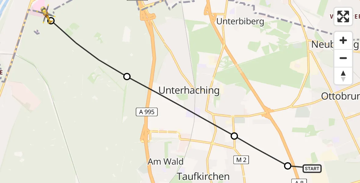 Flugroute Rettungshubschrauber Ottobrunn Hubschrauberlandeplatz - ADAC Air Rescue Center Hubschrauberlandeplatz (Christoph 1), 26 Mai 2026, 17:01