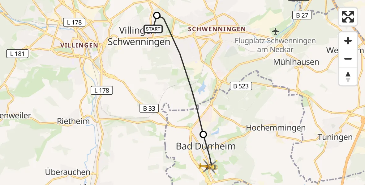 Flugroute Ambulanzhubschrauber DRF Air Rescue Station Villingen-Schwenningen Hubschrauberlandeplatz (Christoph 11) - Bad Dürrheim, 26 Mai 2026, 17:01