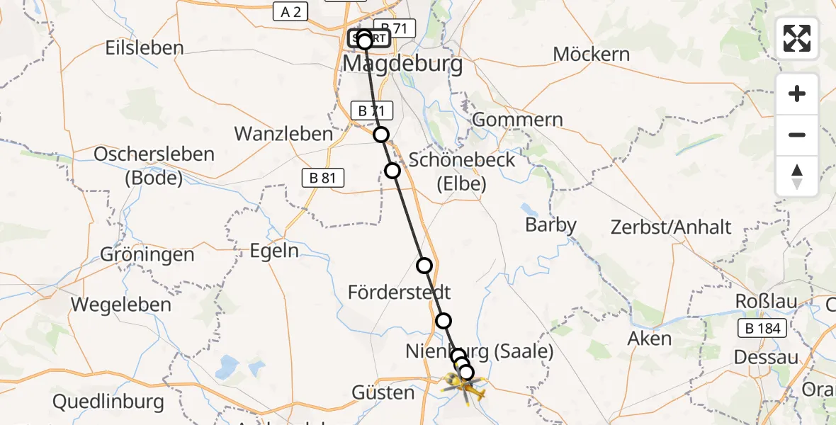Flugroute Rettungshubschrauber Magdeburg Hospital - Bernburg (Saale), 26 Mai 2026, 17:06