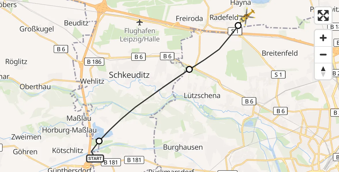 Flugroute Rettungshubschrauber ADAC Air Rescue Station Leipzig/Schkeuditz-Dölzig Hubschrauberlandeplatz (Christoph 61) - Schkeuditz, 26 Mai 2026, 17:07