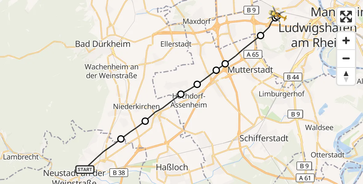 Flugroute Rettungshubschrauber Neustadt an der Weinstraße - Ludwigshafen Accident Hospital, 26 Mai 2026, 17:08