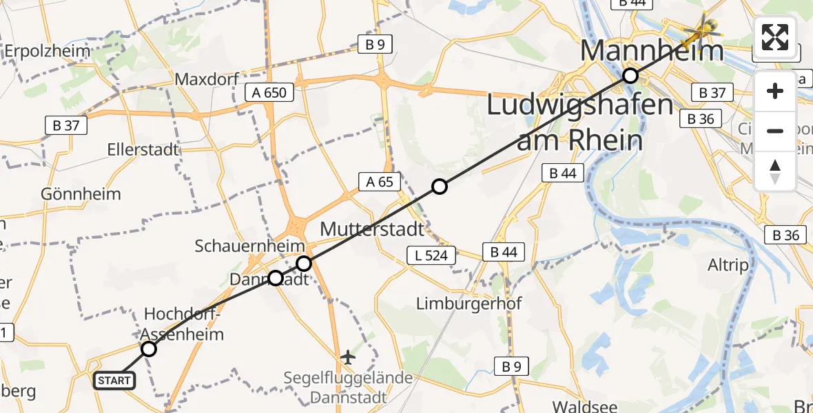 Flugroute Rettungshubschrauber Meckenheim - Mannheim, 26 Mai 2026, 17:13