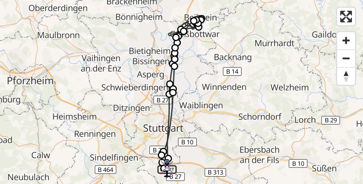 Flugroute Polizeihubschrauber Flughafen Stuttgart - Flughafen Stuttgart, 26 Mai 2026, 17:14