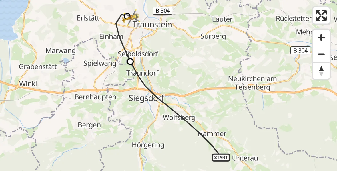 Flugroute Rettungshubschrauber Siegsdorf - Traunstein Krankenhaus Hubschrauberlandeplatz, 26 Mai 2026, 17:15