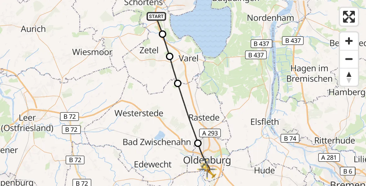 Flugroute Rettungshubschrauber Sande - Oldenburg (Oldb), 26 Mai 2026, 17:16