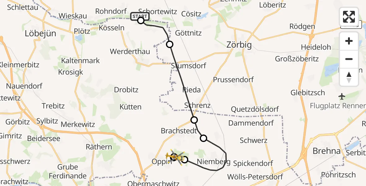 Flugroute Ambulanzhubschrauber Zörbig - Halle-Oppin Flugplatz, 26 Mai 2026, 17:18