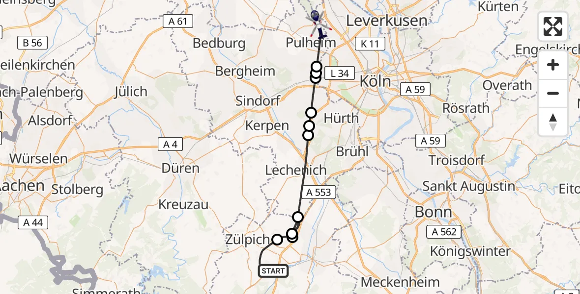 Flugroute Polizeihubschrauber Zülpich - Pulheim, 26 Mai 2026, 17:20