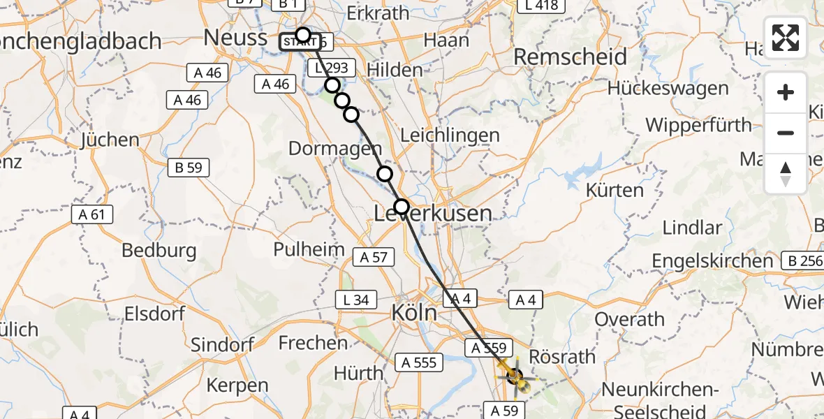 Flugroute Rettungshubschrauber Düsseldorf University Hospital - Köln Bonn Flughafen, 26 Mai 2026, 17:23