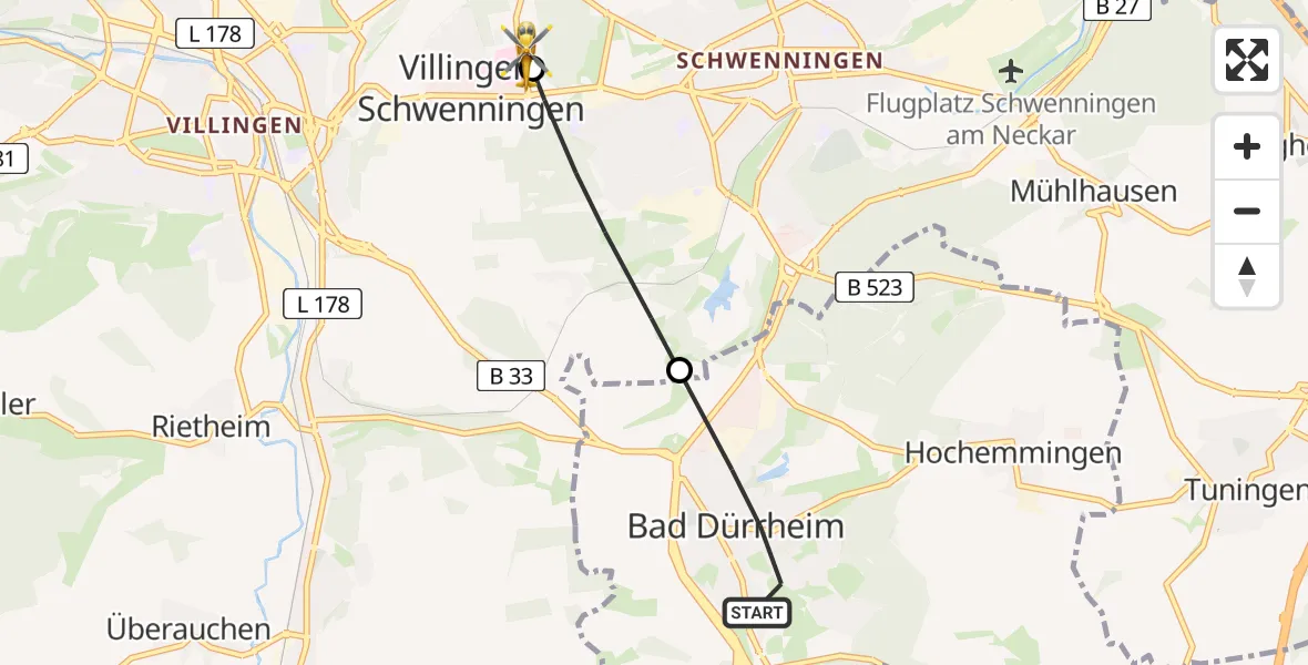 Flugroute Ambulanzhubschrauber Bad Dürrheim - DRF Air Rescue Station Villingen-Schwenningen Hubschrauberlandeplatz (Christoph 11), 26 Mai 2026, 17:26