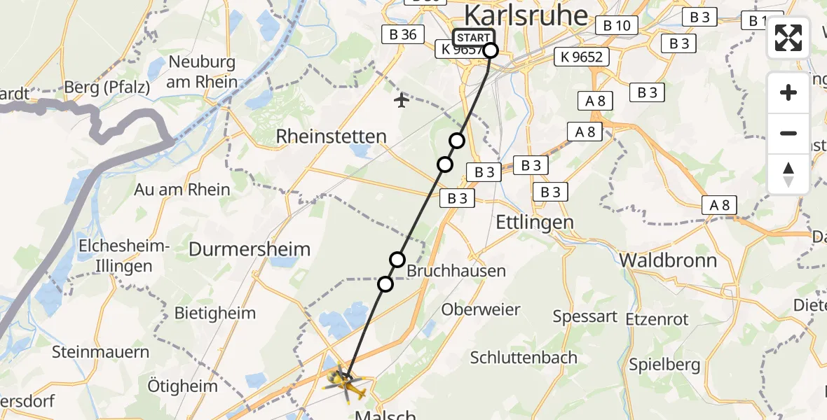Flugroute Rettungshubschrauber Sankt Vincentius Hospital - Malsch, 26 Mai 2026, 17:28