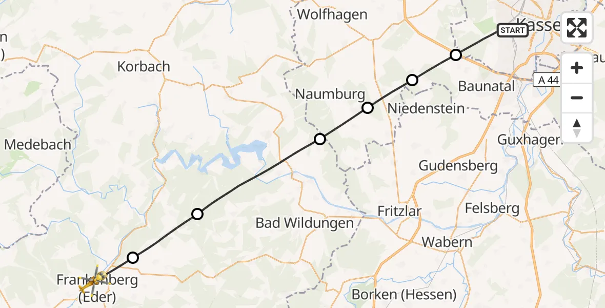 Flugroute Rettungshubschrauber Kassel - Frankenberg (Eder), 26 Mai 2026, 17:34