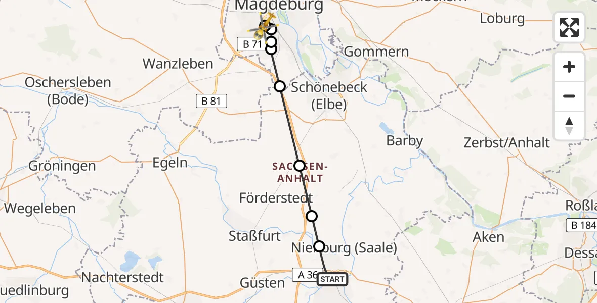 Flugroute Rettungshubschrauber Bernburg (Saale) - Magdeburg, 26 Mai 2026, 17:38