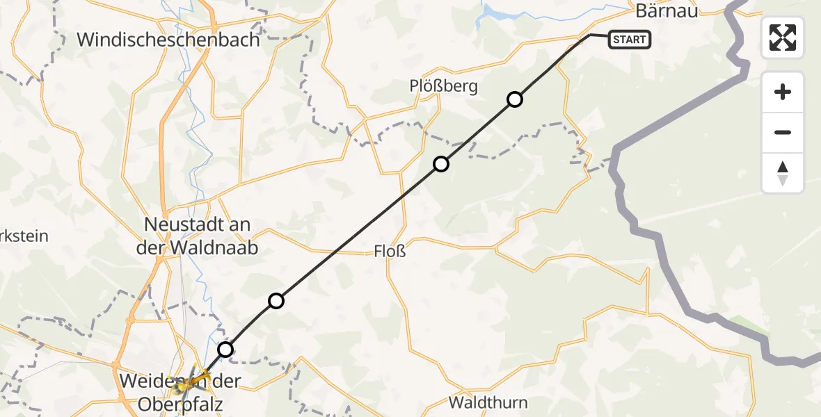 Flugroute Rettungshubschrauber Bärnau - Weiden Hospital Hubschrauberlandeplatz, 26 Mai 2026, 18:00