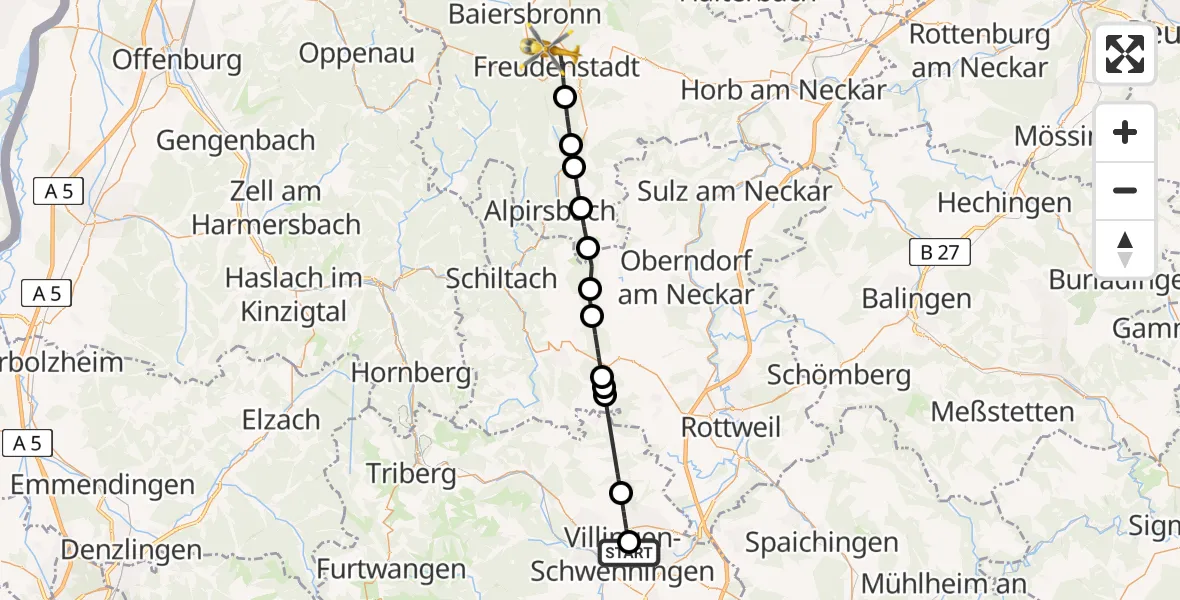 Flugroute Ambulanzhubschrauber DRF Air Rescue Station Villingen-Schwenningen Hubschrauberlandeplatz (Christoph 11) - Freudenstadt, 26 Mai 2026, 18:01