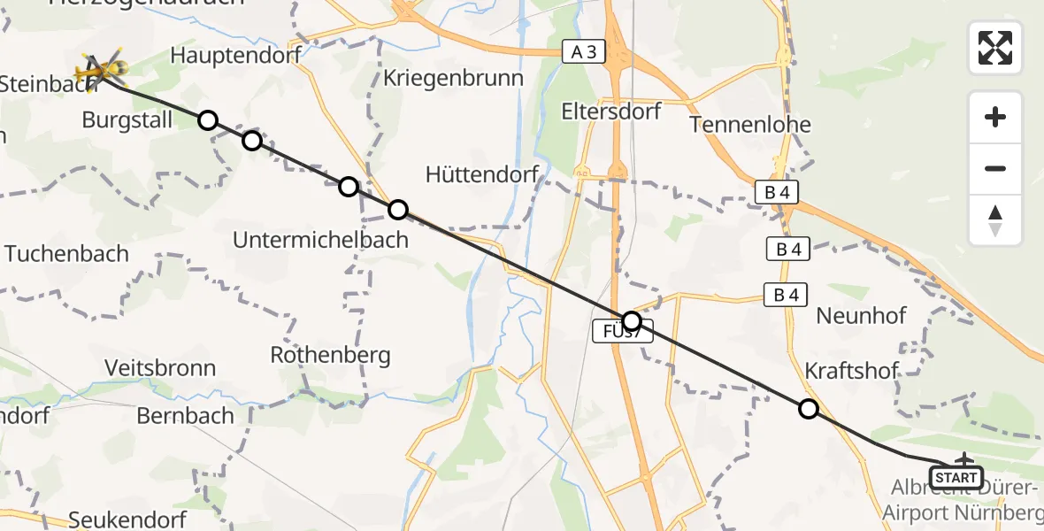 Flugroute Ambulanzhubschrauber Flughafen Nuremberg - Herzogenaurach, 26 Mai 2026, 18:08