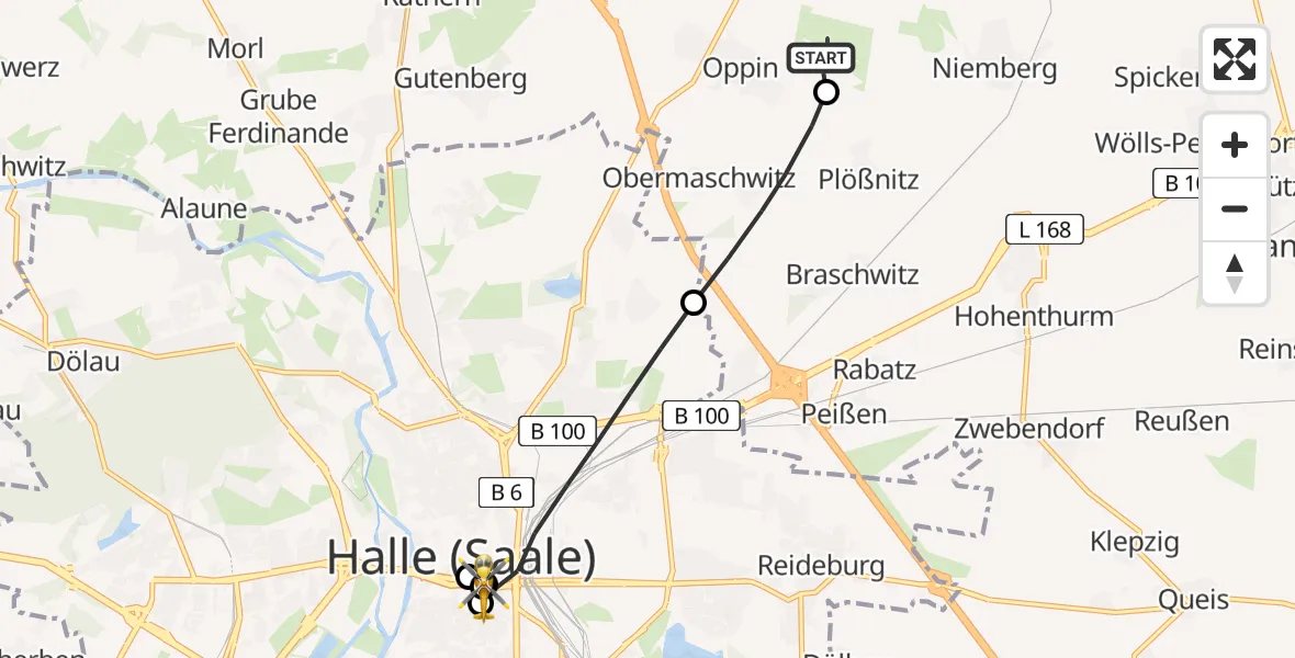Flugroute Rettungshubschrauber Halle-Oppin Flugplatz - Halle (Saale), 26 Mai 2026, 18:12