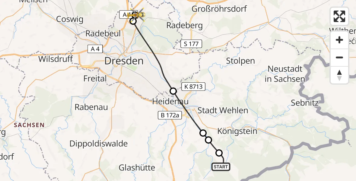 Flugroute Rettungshubschrauber Rosenthal-Bielatal - Dresden Bundespolizei Hubschrauberlandeplatz, 26 Mai 2026, 18:13